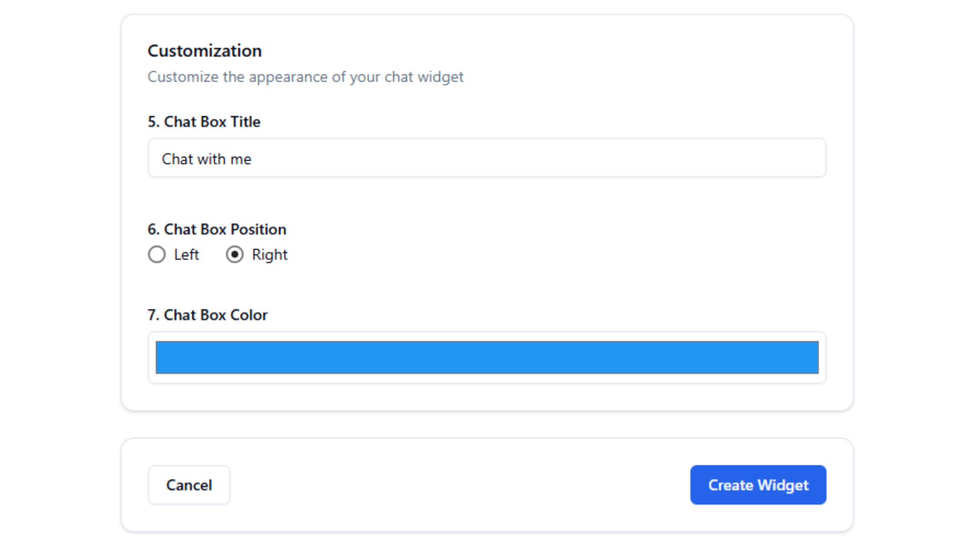 BirdyChat Chat Manager – Customization panel showing name, colors, and position options