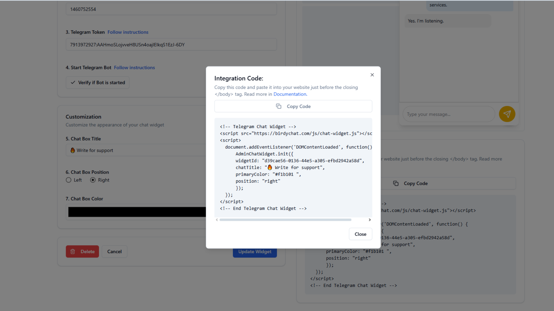 BirdyChat – Pop-up with widget integration code after creation